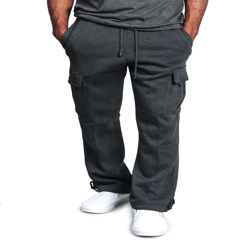 Mens Casual Multi Pocket Solid Color Cargo Pant Drawstring Loose Sports Outdoor Outerwear Sportswear Straight Trousers Summer Sweatpants Bottoms