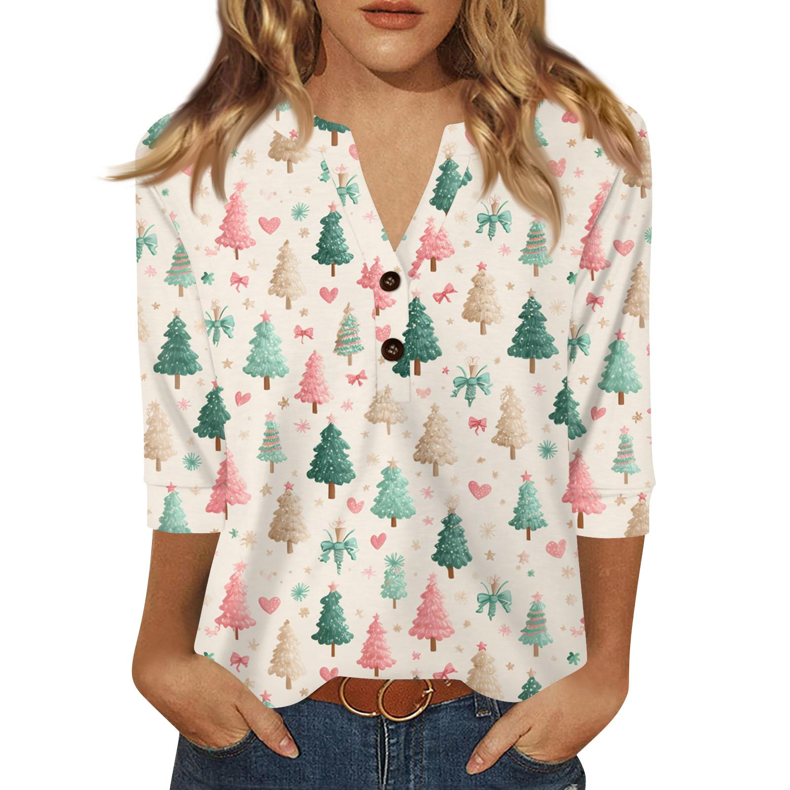 

Жен. Футболка С принтом Пуговицы Рукав 3/4 Повседневные Выходные Мода Классический Классический V-образный вырез Обычный Верх XL розовый