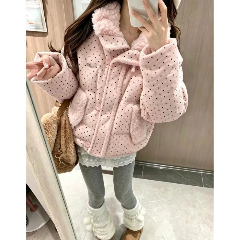 Sweet polka dot knitted splicing long-sleeved cotton jacket women's winter loose thickened short warm bread clothing