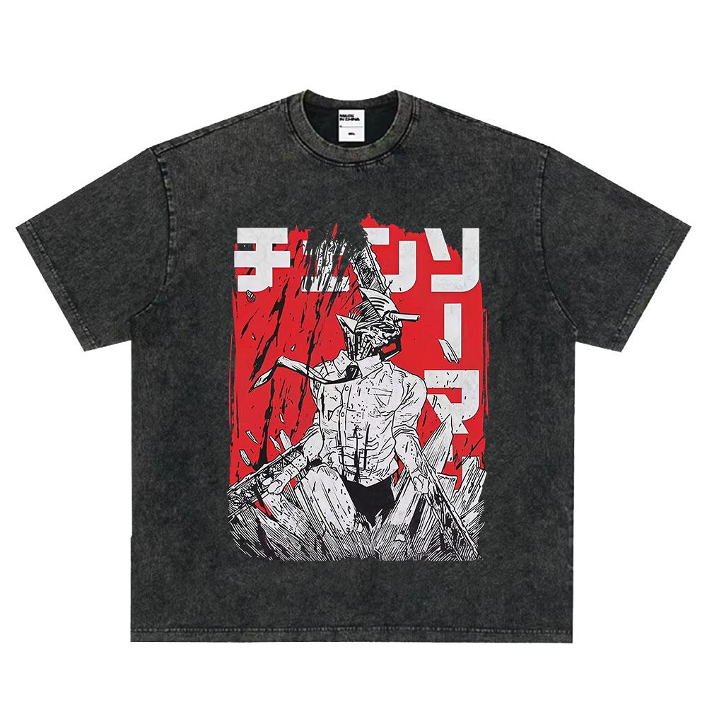 Japanese Anime Chainsaw Man Kobeni Metal Denji Tshirt Vintage Washed Manga Graphic T Shirts Unisex Couples Short Sleeve T Shirt