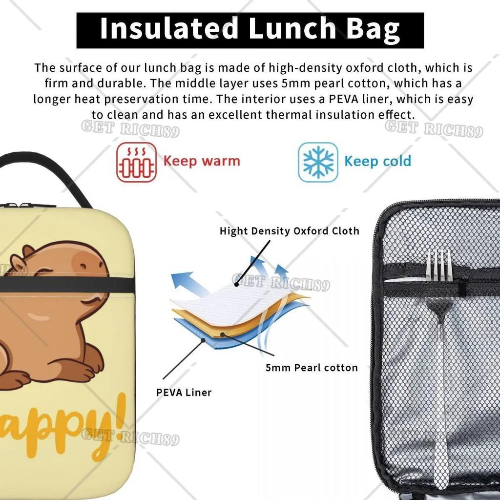 Niedliche fröhliche Capybara-Accessoires Isolierte Lunchtasche für Kinder Schule Brotdose Tragbar Neuankömmling Kühler Thermische Lunchbox
