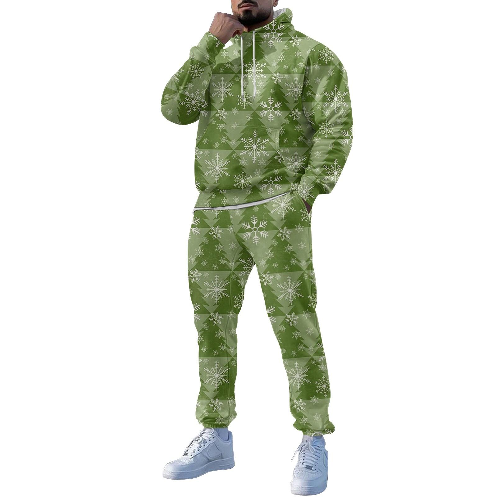 

Мужские зимние рождественские принты с длинным рукавом толстовки с капюшоном толстовка брюки костюм L зелёный