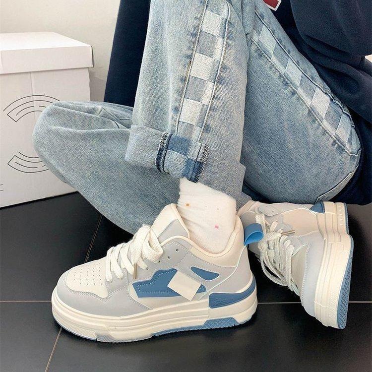 Mid-Top Sneakers Women's  Winter New Muffin Soft Bottom Sneakers Women's Color Matching Lace-up Casual White Shoes for Women