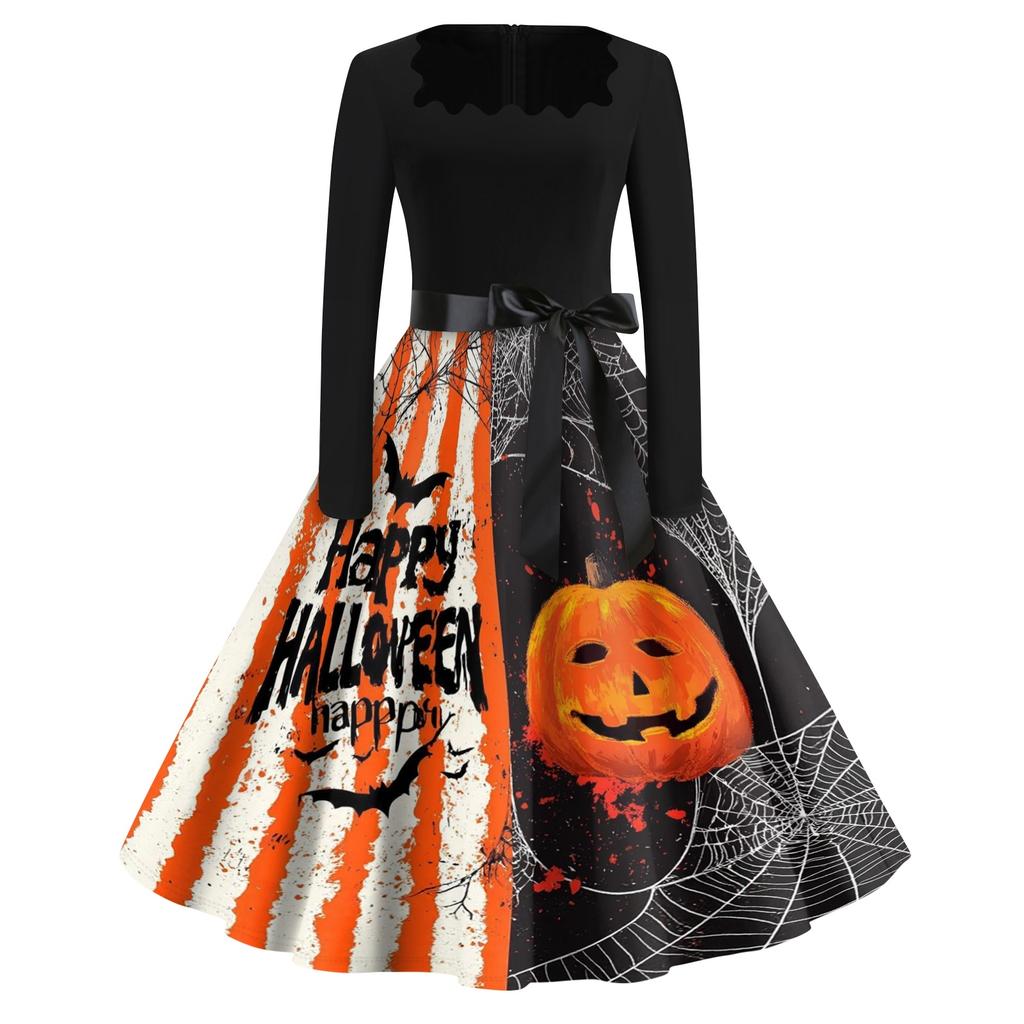 Women's Casual Vintage Halloween Dress Long Sleeve Square Neck A-Line Midi Dress with Printed Skirt and Waist Tie for Seasonal Wear