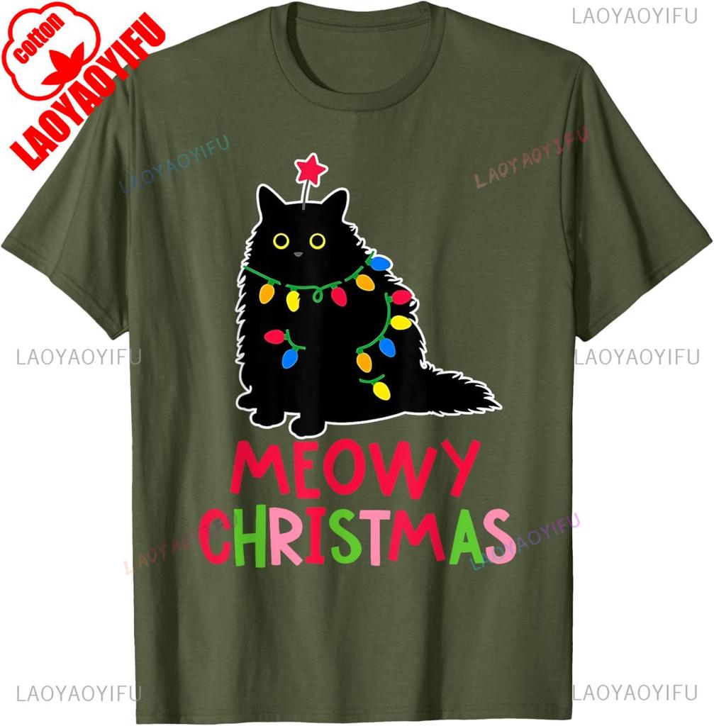 New Style Lovely Kawaii Meowy Christmas Xmas Lights Black Cat Pajamas Family Funny Men Women High Quality Cotton TShirt