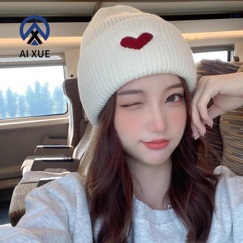 Sweet Heart Embroidery Knit Beanie Women Warm Winter Hat Adjustable Cute Student Cap