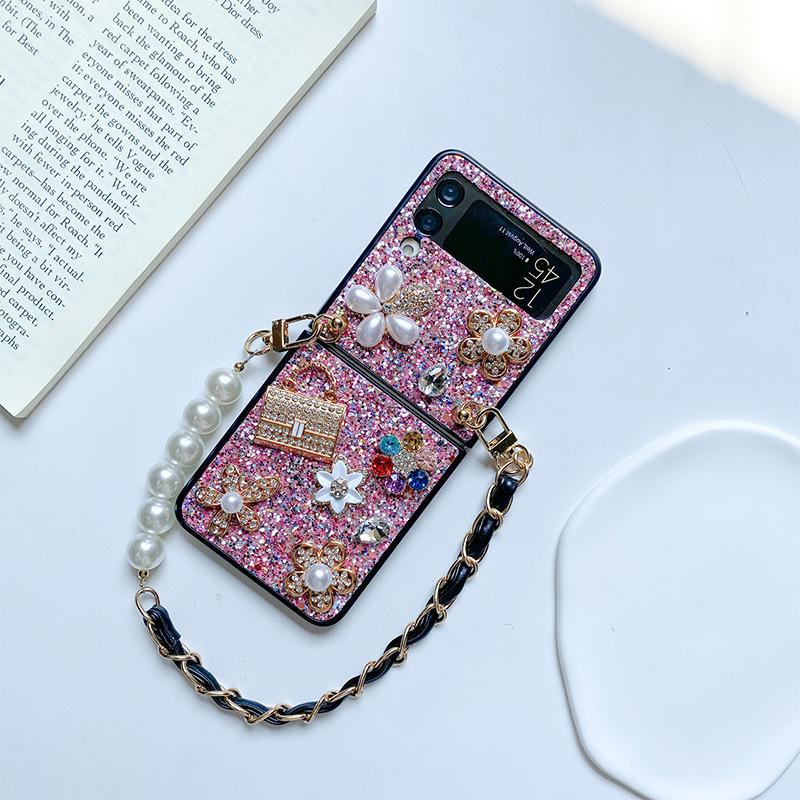 Folding Screen Flip Phone Case for Women for Samsung ZFlip6 Flower Sequins Rhinestone Pearl Metal Bracelet Skin