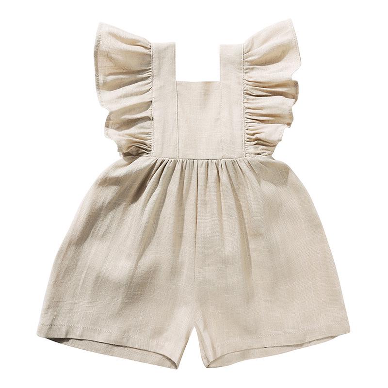 Spring-Summer Cotton Linen Romper: Baby Girl Short Sleeve Bodysuit Overalls with Cute Straps