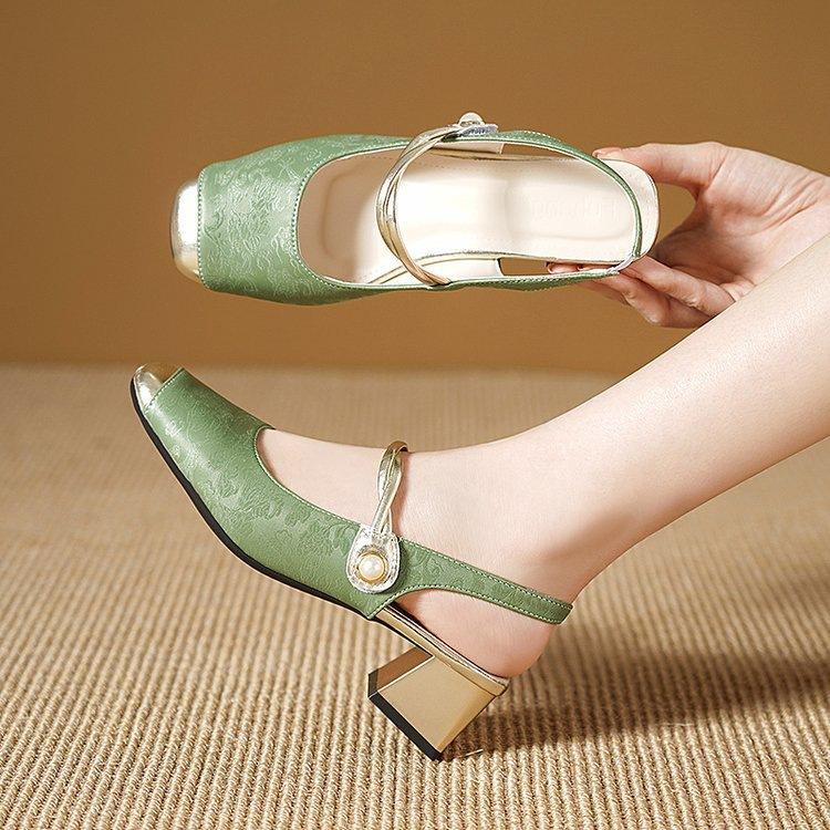 New Chinese style sandals new square head bag head sandals retro thick heel high heels empty