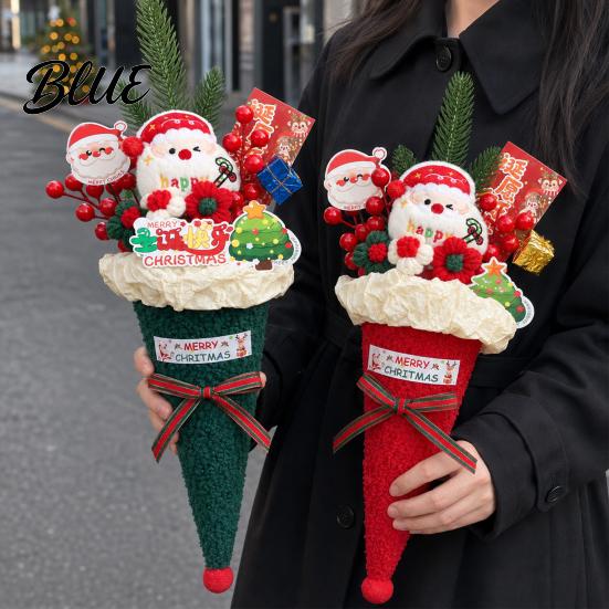 Handcrafted Holiday Keepsakes Christmas Cone Bouquet Plush Santa Claus Shaped Bouquet with Winter Home Accents Artificial Red Berrries Pine