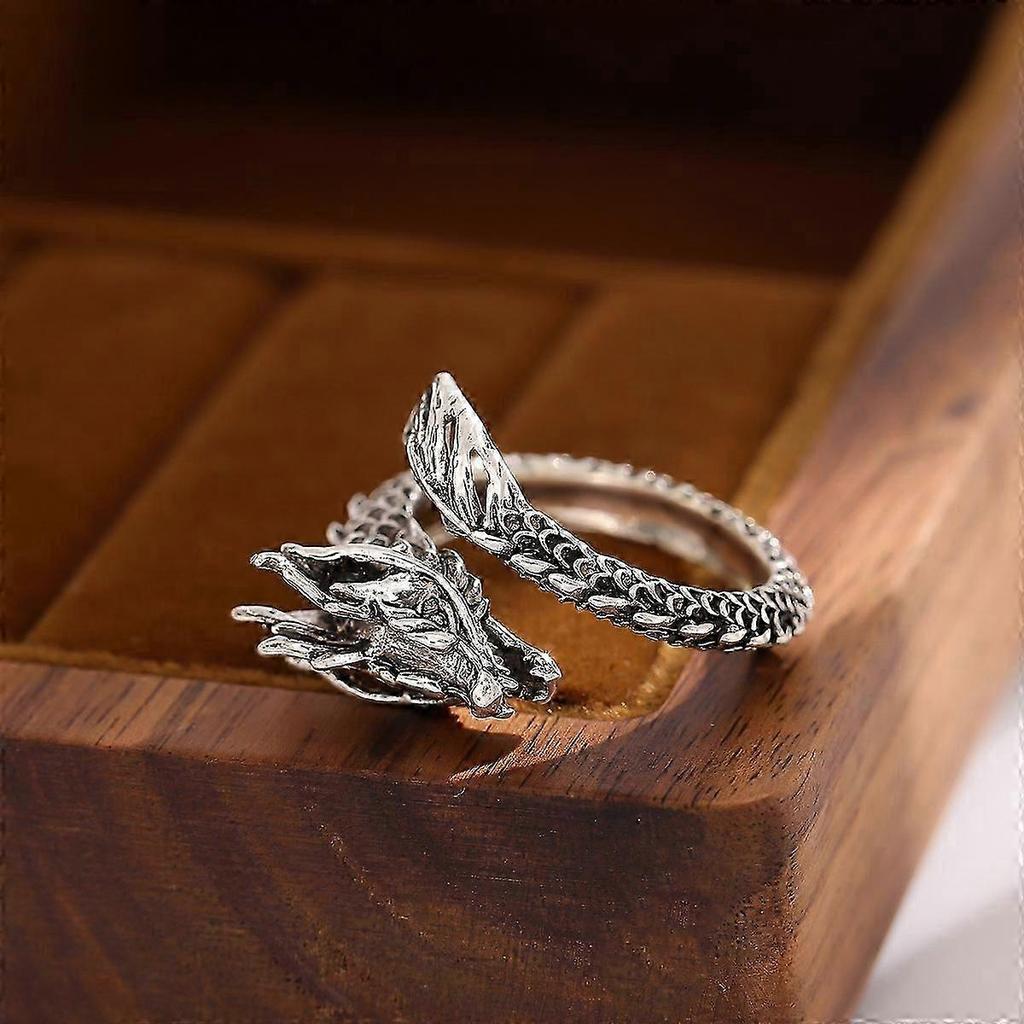 Open Ring, Vintage Distressed Dominant Giant Dragon Zodiac