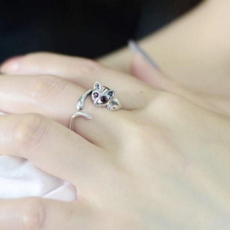 Verstellbarer, offener Fingerring für Damen in niedlicher Tier-Katzenform mit Strasssteinen