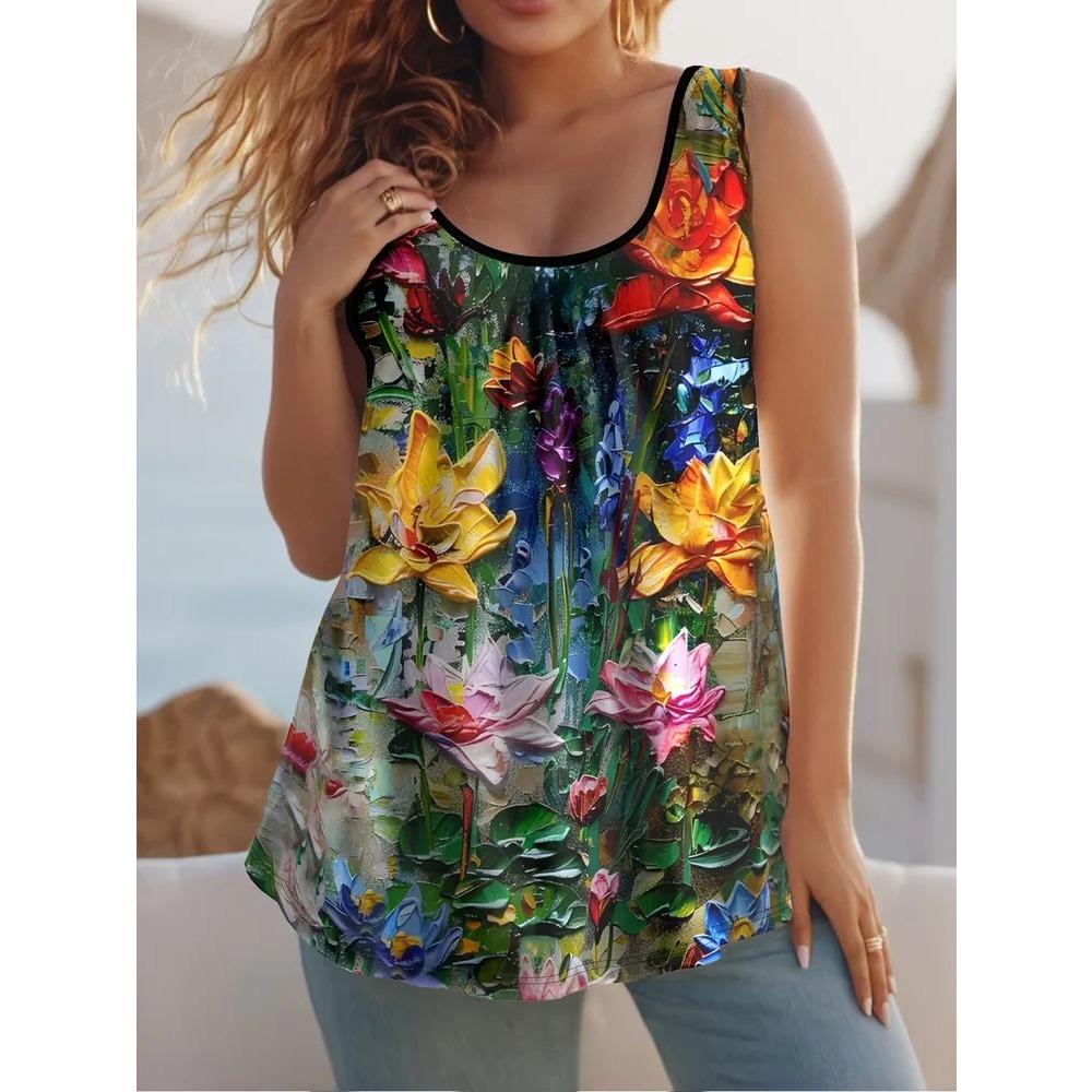 

Summer Women s Large Size Colorful 3D Printing Vest Loose Fashionable Comfortable Soft Breathable O Neck Sleeveless Vest S