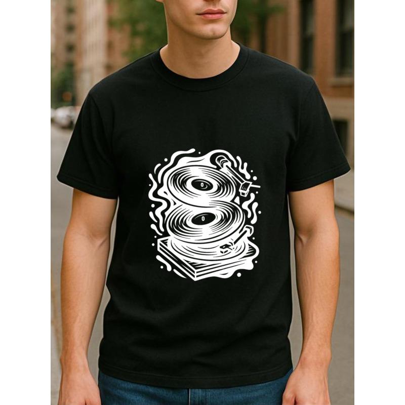 

Vinyl Records and Record Players Are Music Culture Men s Printed Short-sleeved Shirts, Spring, Summer, Simple Knitted Pure Cotton T-shirts 4XL чорний