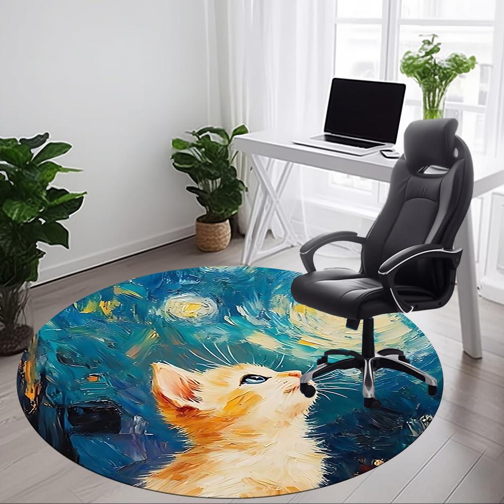 1pc Cat Night Office Round Area Rug, Mat Suitable For Office, Under Office Chairs Bedroom Living Room Home Decor, Room Deco