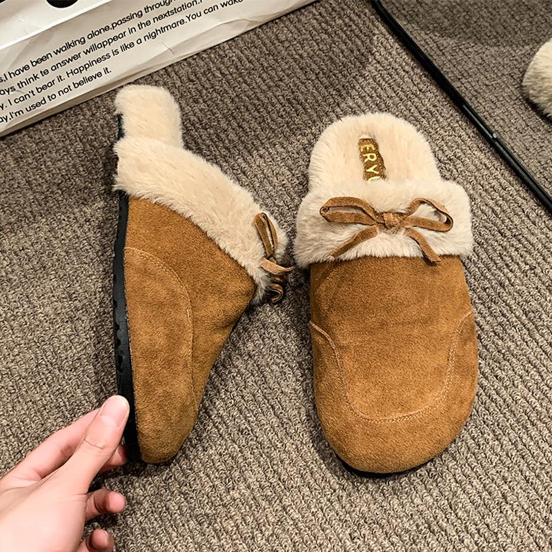 Fashion Fur Women Slippers Flats Bow Slingback Mules Shoes Fashion Dress Woman Cotton Shoes Winter 2025 New Designer Warm Mujer Botas