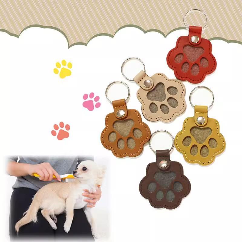 Leather Keychain with Pet Fur Storage & Dog Paw Pendant
