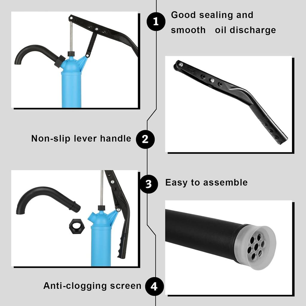 Barrel Pump 55 Gallon Drum Pump, Lever-Action Barrel Pump Plastic Hand Pump Fits 5 to 55 Gallon Drums for Transfer Motor Oil, Diesel, Lubricants,