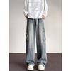 American High Street Pocket Tooling Jeans Men's Straight Casual Loose Wide-leg Pants Trendy Brand Washed Retro Trousers