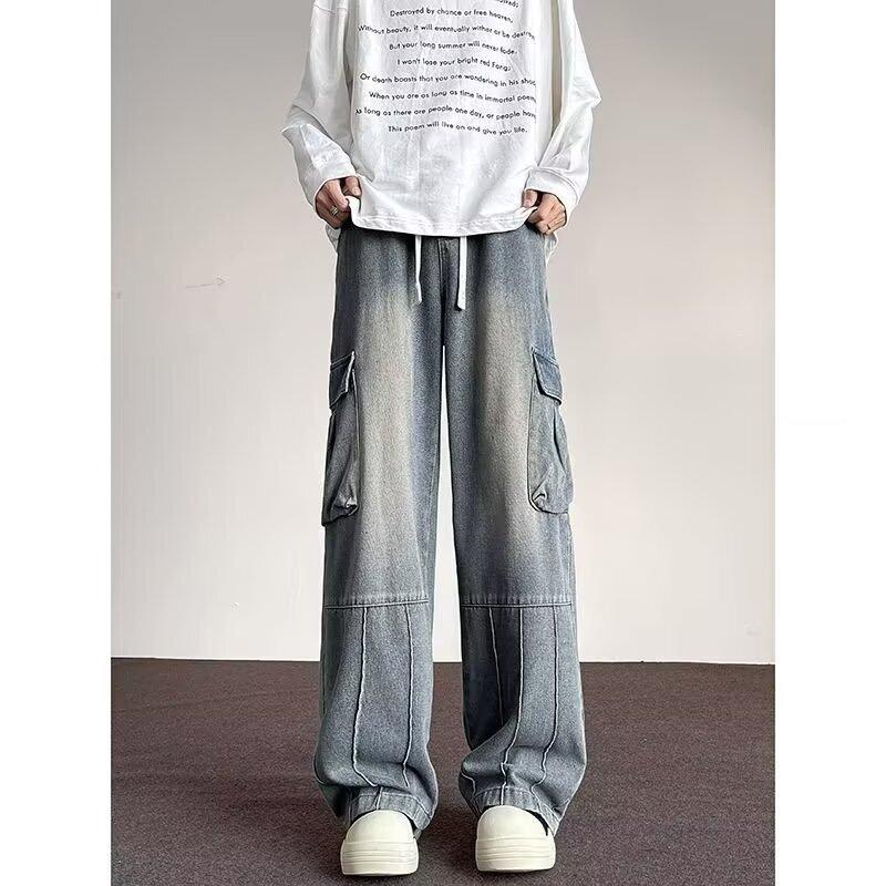 American High Street Pocket Tooling Jeans Men's Straight Casual Loose Wide-leg Pants Trendy Brand Washed Retro Trousers