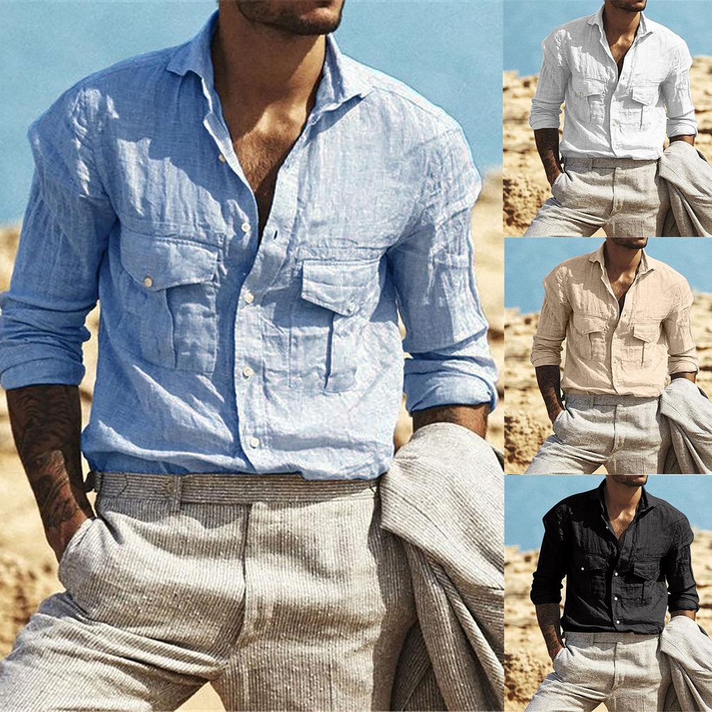 Мужская модная повседневная хлопковая льняная футболка с длинным ...