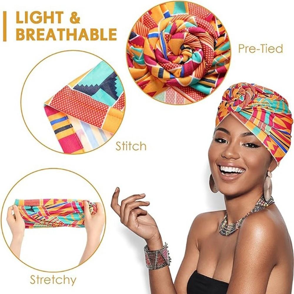 New Floral African Knot Turban Beanie Pre Tied Front Knot Elastic Head Wrap Elegant Women Chemo Cap Bandana Headwear