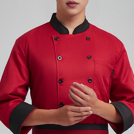 Unisex-Kochuniform mit Brusttasche, Stehkragen, langärmelig, zweireihig, Kochhemd