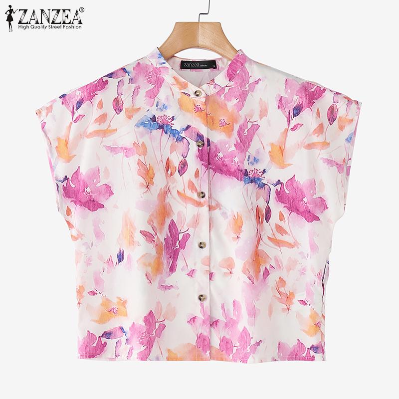 ZANZEA Women Summer Round Neck Loose Short Sleeve Print Blouse