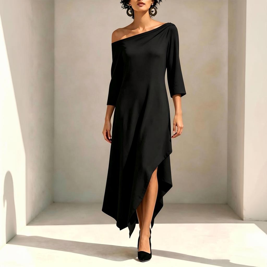 Modisches Midi-Kleid für Damen, Dreiviertelärmel, Asymmetrischer Saum