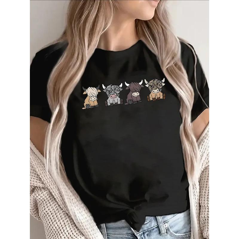 Polyester Short Sleeve T-Shirt with Cute Cow Print, Lightweight and Durable for Casual Wear at Home, Cafe, or Outdoor Activities