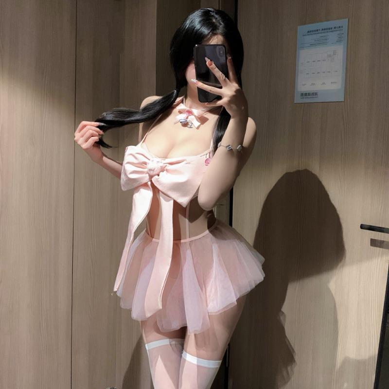 Sexy Underwear, Sexy Perspective Nightgown, Temptation Bow Lace-up Chest Wrap Set, Cute Fairy Fluttering Home Girl