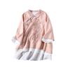 Women's Spring Cotton-Linen Top: Frog Buttons, Embroidered, Oblique Placket, 3/4 Sleeves, Pink/Yellow. Perfect for Tea Ceremonies.