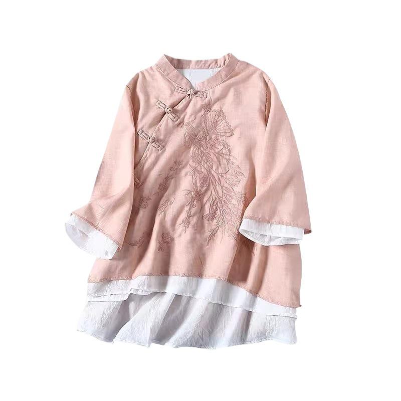 Women's Spring Cotton-Linen Top: Frog Buttons, Embroidered, Oblique Placket, 3/4 Sleeves, Pink/Yellow. Perfect for Tea Ceremonies.