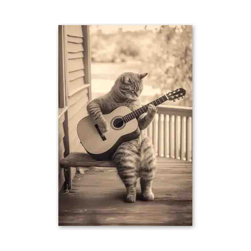 

Смешные животные Винтаж Кот играет на гитаре Картина на холсте Ретро Лев Настенное искусство Картины на холсте Картины для украшения дома комнаты 30x40cm No Framed