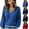 Women's V-Neck Cable Knit Sweater Loose Fit Color Block Long Sleeve Pullover Top