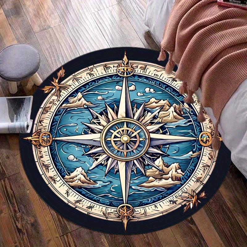 Round Crystal Velvet Rug Compass Design Nautical Ocean Map Floor Mat Home Decor Living Room Bedroom Carpet Artistic Pattern