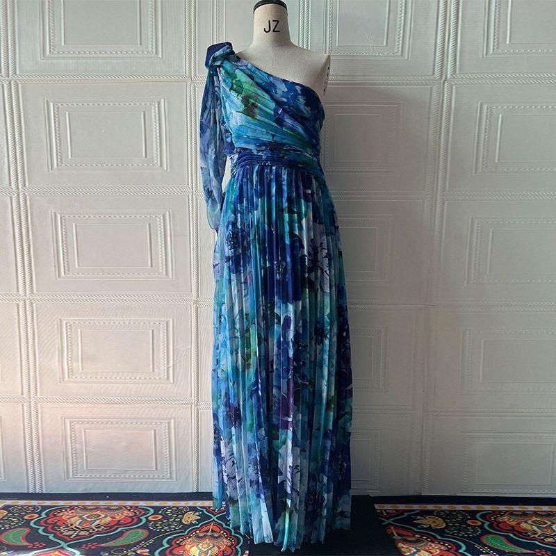 

2024 Autumn New European and American Flower Strapless Folding Sexy Print Dress Blue Flower L