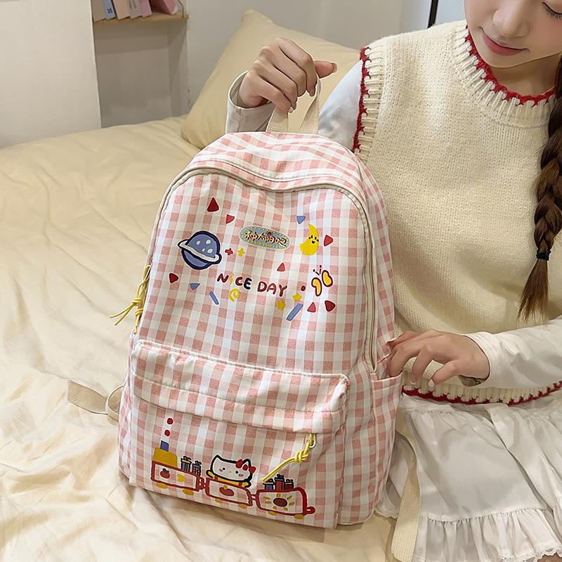 Schoolbagins Lightweight Large Capacity Backpack New Niche Printed Plaid Backpack Cute Pink Sweet Student School Bag