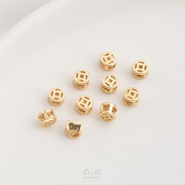 Copper-Plated 14K Gold Color-Preserving Hollow Coin Bead Bracelet with Large Hole Spacer Beads On Woven Leather Cord - DIY Beading Accessories.