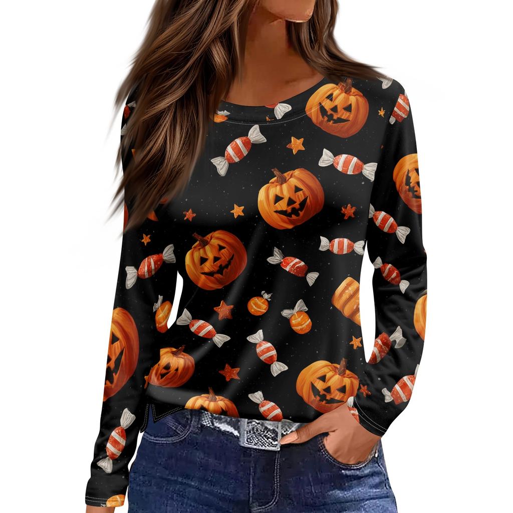Womens Halloween Print Long Sleeve Top Round Neck Casual Pullover Shirt with Side Slit Hem Lightweight Stretchy Fabric