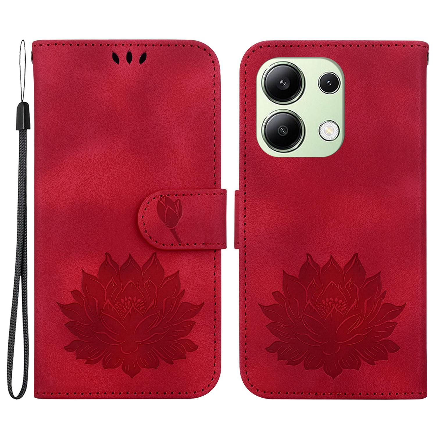 

For Xiaomi Redmi Note 13 4G Wallet Case Lotus Pattern Leather Protective Phone Cover Red