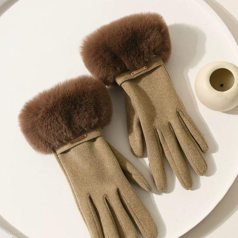 New Women's Warm Thickened Dew Finger Touch Screen Windproof Riding Plush Outdoor Fashion Gloves