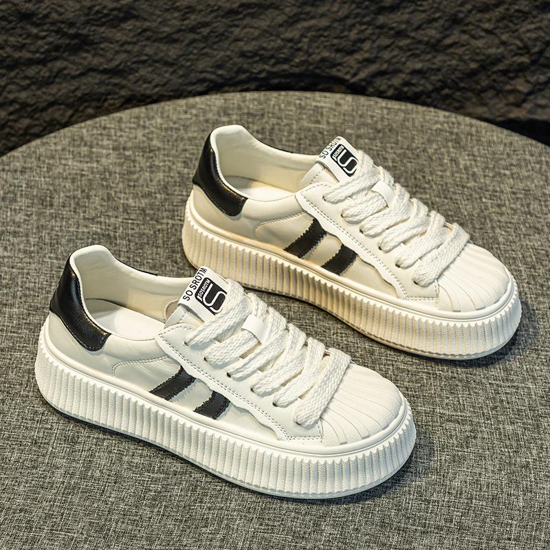 thick-soled little white shoes women's spring and summer new versatile casual board shoes shell head leather mesh flat-soled biscuit shoes