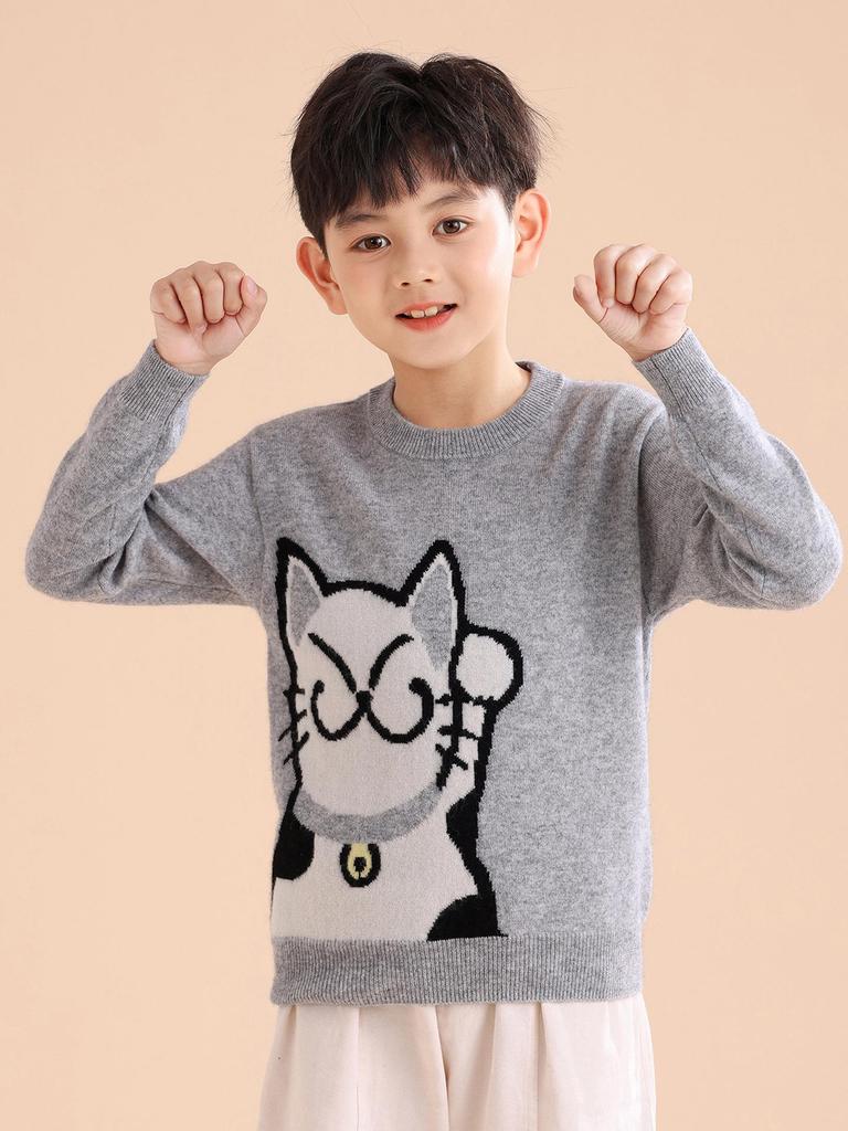 Children's Round Neck Red Lucky Cat Jacquard Cashmere Sweater