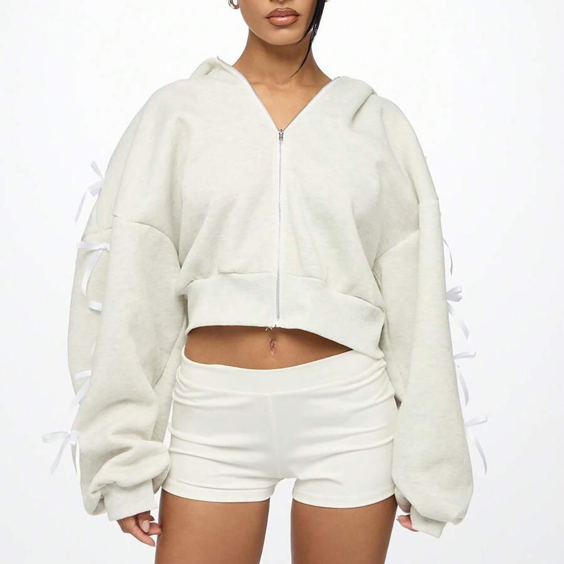 Design Hat Embroidery Side Bow Sweater Jacket Versatile Loose Solid Color Short Zipper Top Women s Clothing S 3559₽