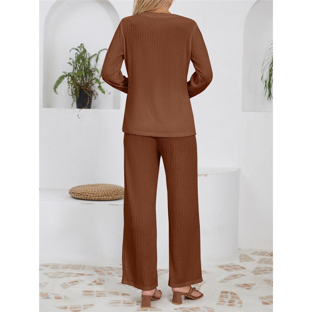 Women's Sets Casual Loose Knitted Jacquard Long-sleeved Crew Neck Top High Waist Drawstring Trousers