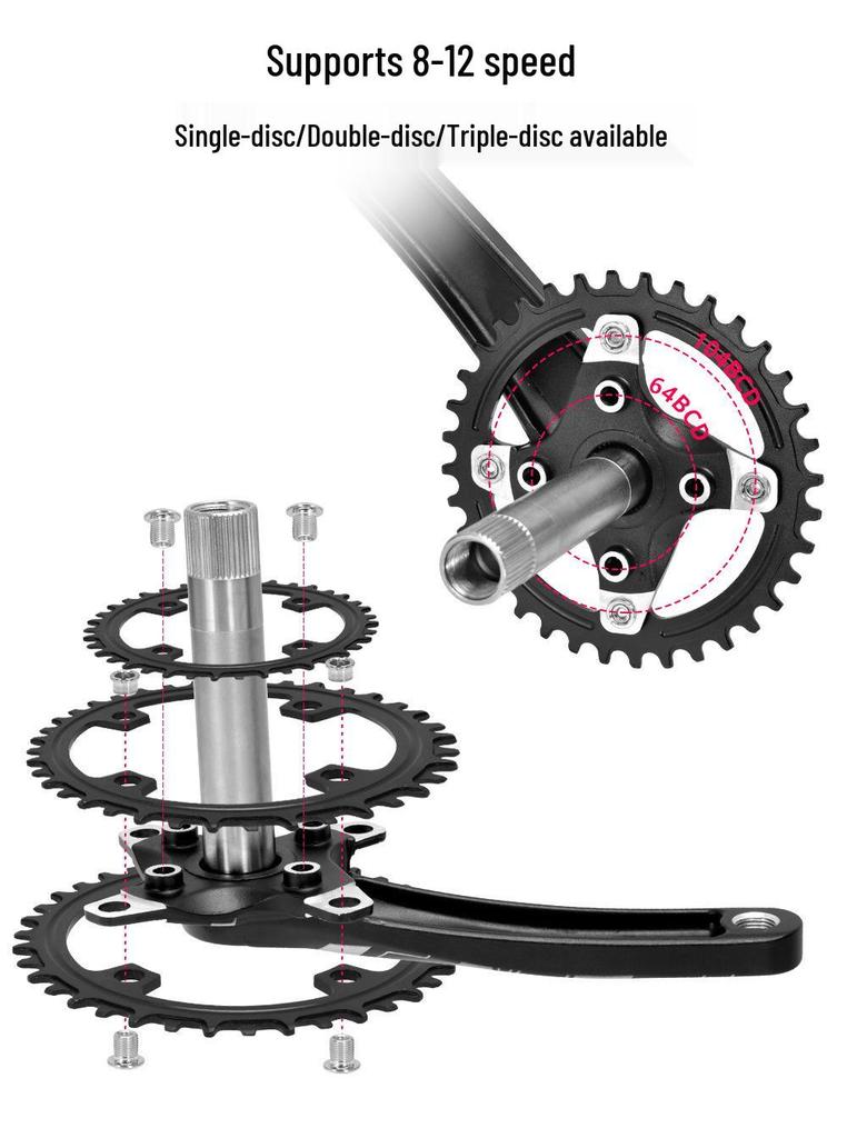 EVOSID Hohl integrierter Mountainbike Kurbelsatz mit Innenlager, 104BCD, Einzelkettenblatt (32/34/36/38 Zähne)