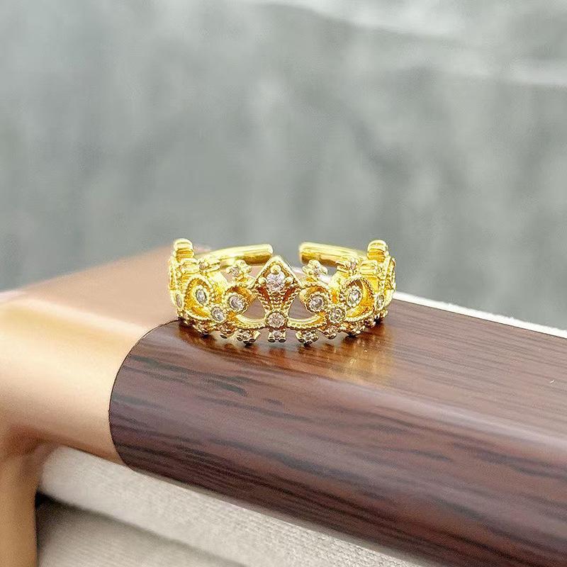 Anel Aberto de Contas de Coroa de Luxo Leve Vintage Medieval Zircônia Requintada Estilo Corte Retrô Francês Anel de Dedo Indicador