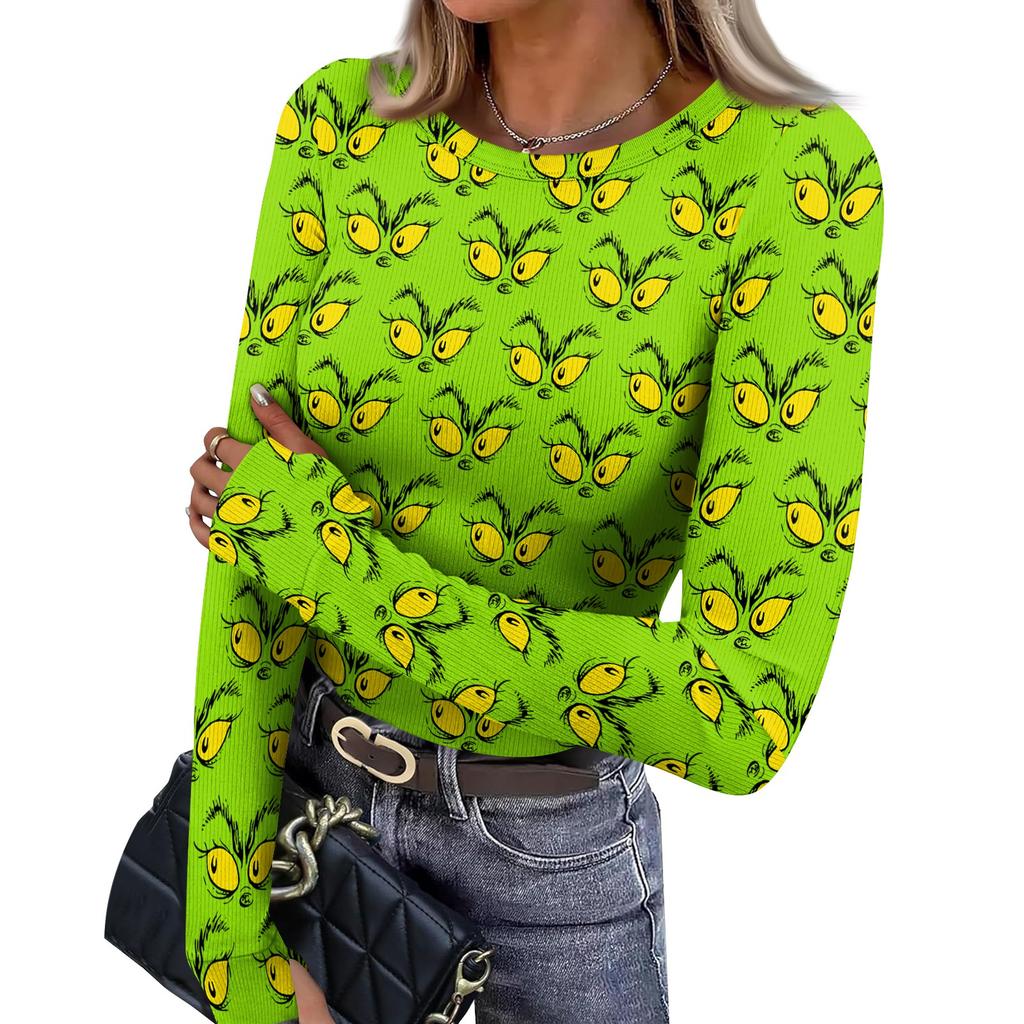 Women's Slim Fit Long Sleeve T-Shirt with Thumb Holes, Crewneck Christmas Print Pullover Top