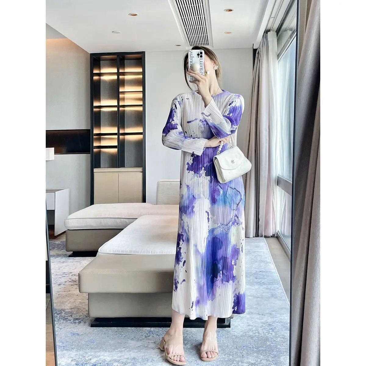 

Морщинистое весеннее новое ретро-платье с абстрактным принтом и элегантным женским стилем для похудения One Size фиолетовый